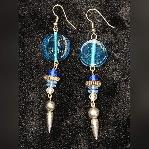 Jewelry - 5$ Vintage Handmade Artist Elegant Blue and Silver Dangle Earrings Glass